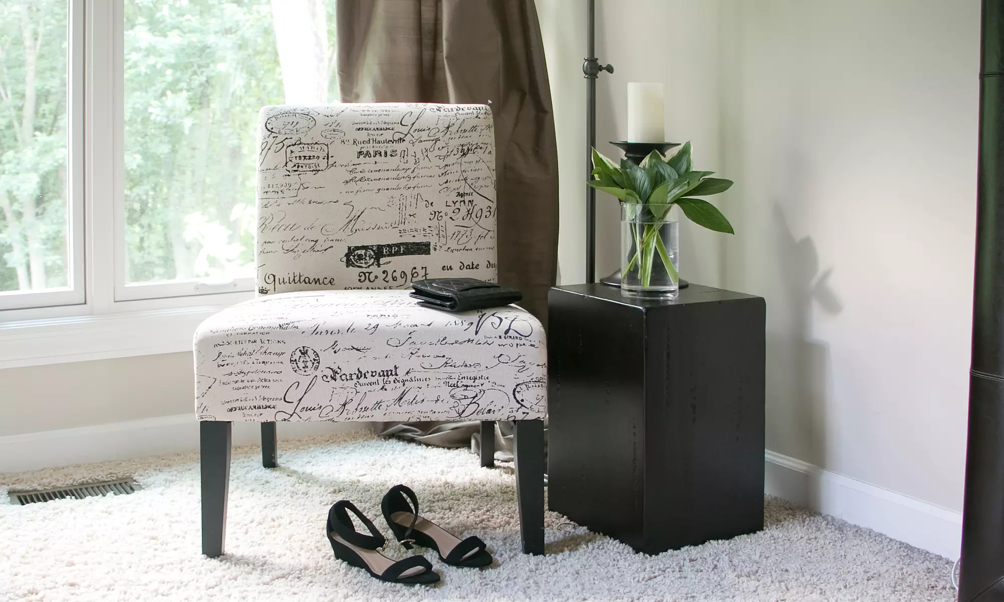 Linen Accent Chair in Manuscript Pattern - Primary Image