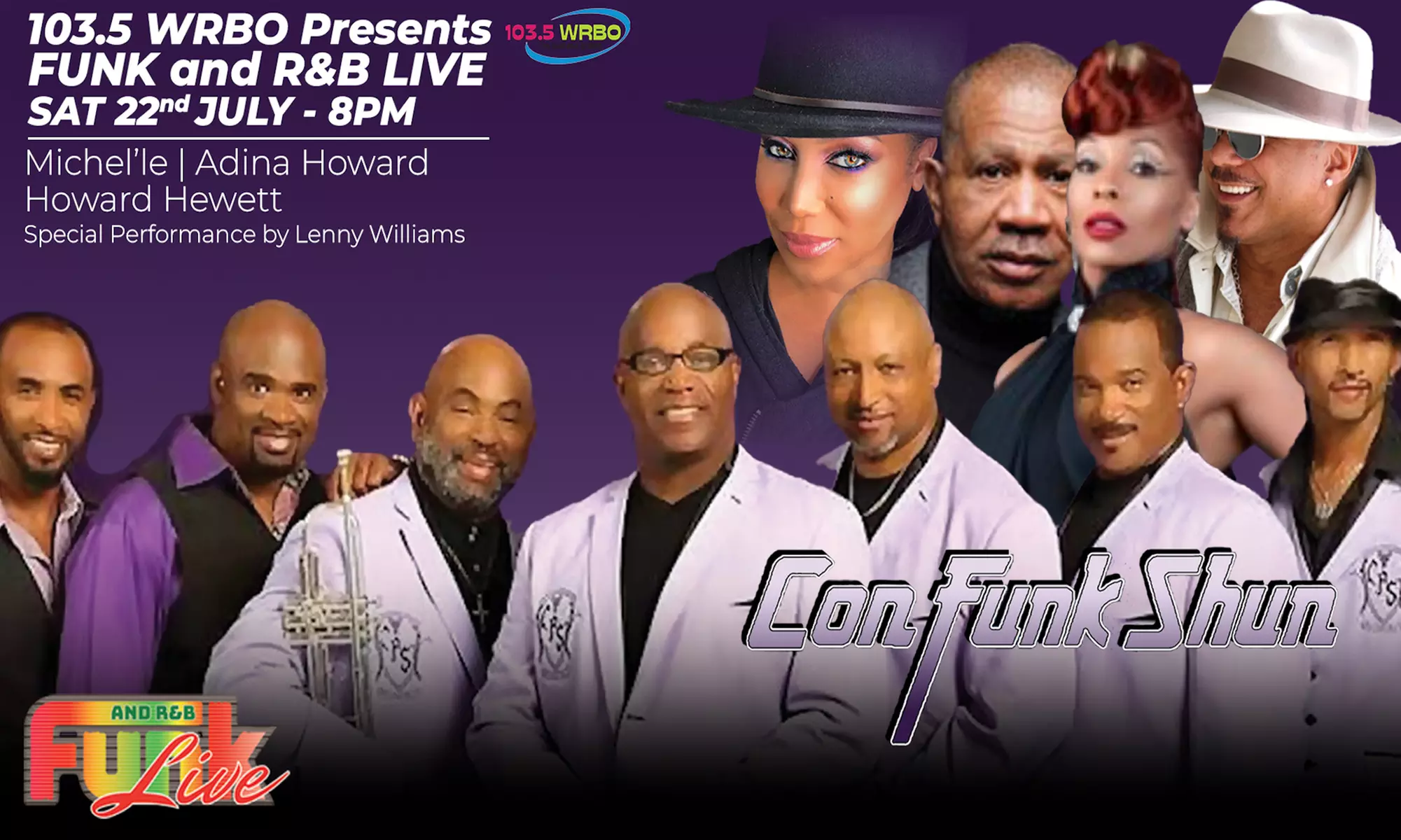 Funk and R&B Live with Con Funk Shun, Howard Hewett, Michel'le, Adina Howard, and Lenny Williams on July 22 at 8 p.m. - Primary Image