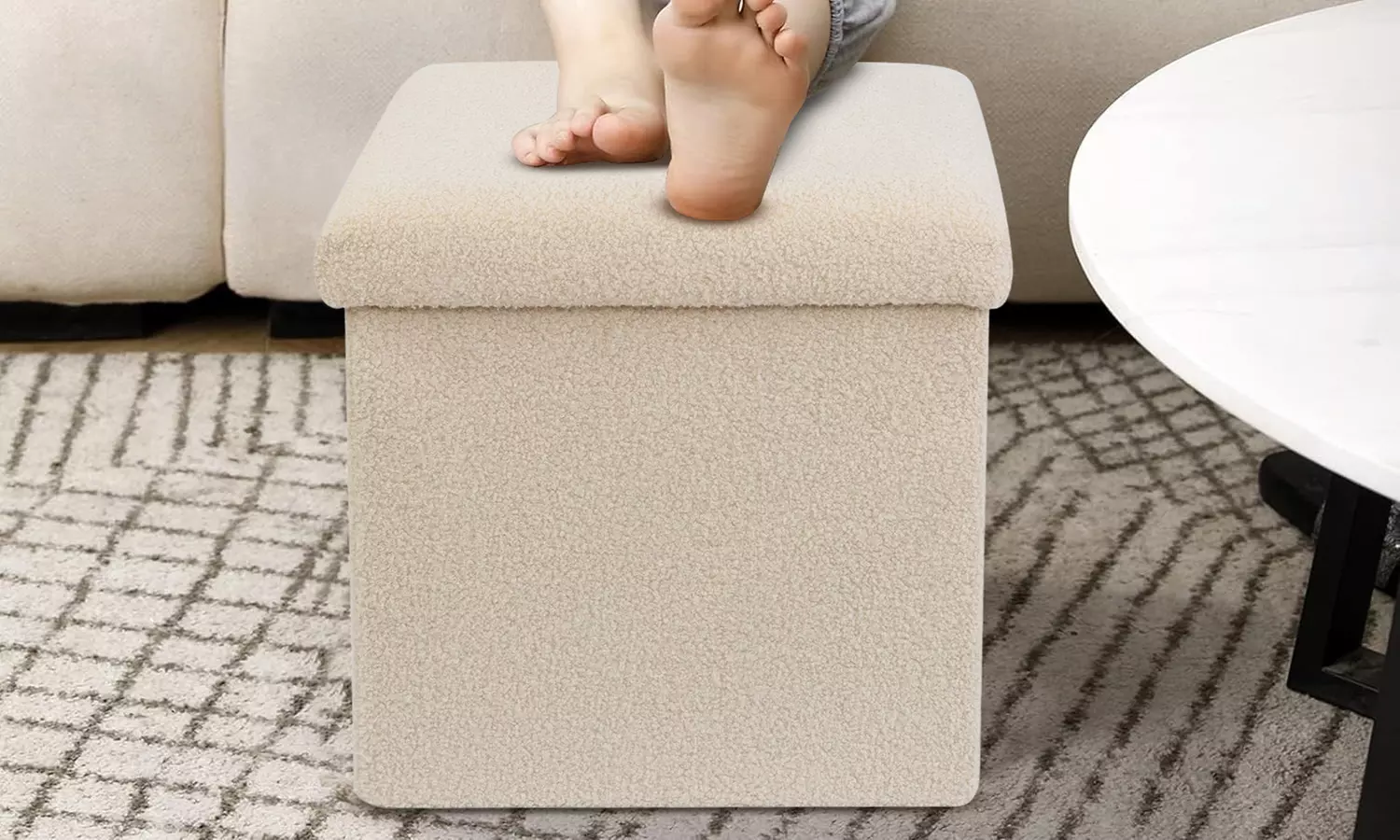 Teddy Boucle Storage Ottoman or Foldable Cube Footstool - Primary Image