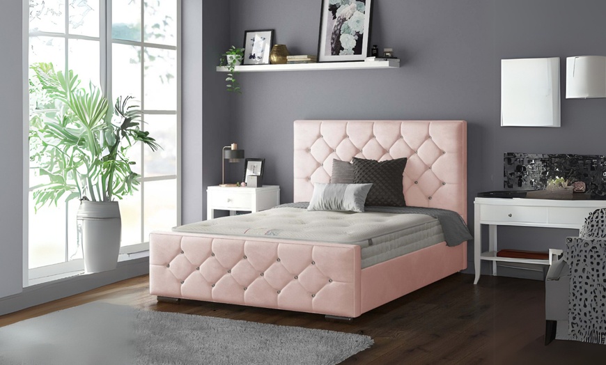 Image 10: Oasis Diamante or Button Plush Bed Frame with Sprung Memory Foam Mattress 