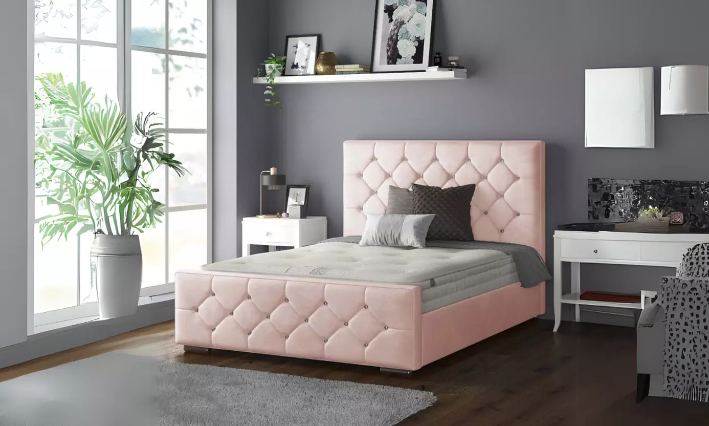 Oasis Diamante or Button Plush Bed Frame with Sprung Memory Foam Mattress