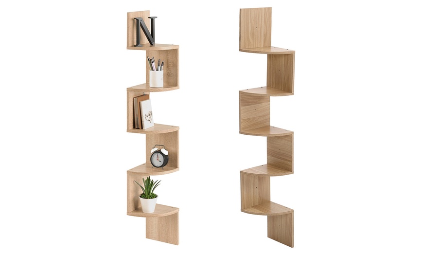 Image 2: Five Tier Wooden Floating Corner Shelf