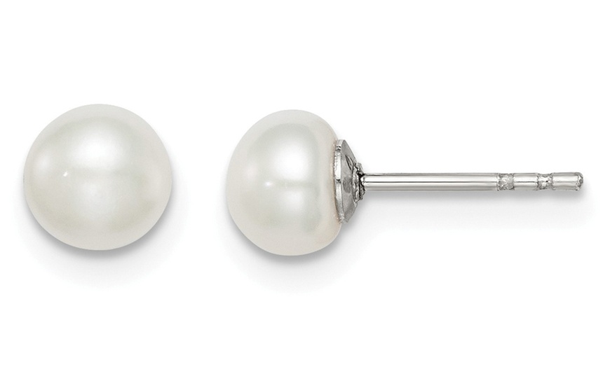 Image 2: White Gold Plated 5mm White Freshwater Cultured Round Pearl Stud Earrings 