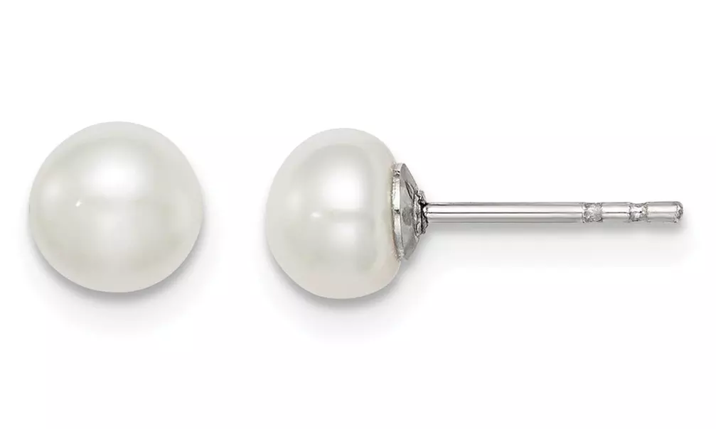 White Gold Plated 5mm White Freshwater Cultured Round Pearl Stud Earrings