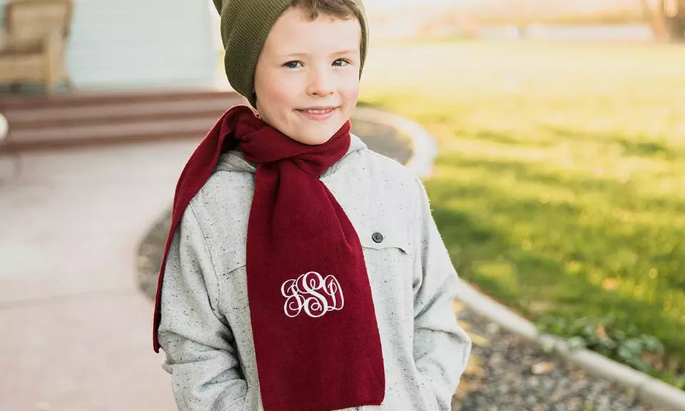 One, Two, Three, Five, or 10 Personalized Monogrammed Kids Knit Scarves from Qualtry (Up to 90% Off)  - Second Medium