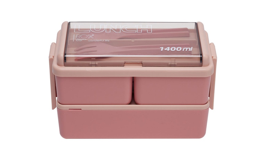 Image 1: Dual-Layer Plastic Bento Lunch Box with Cutlery