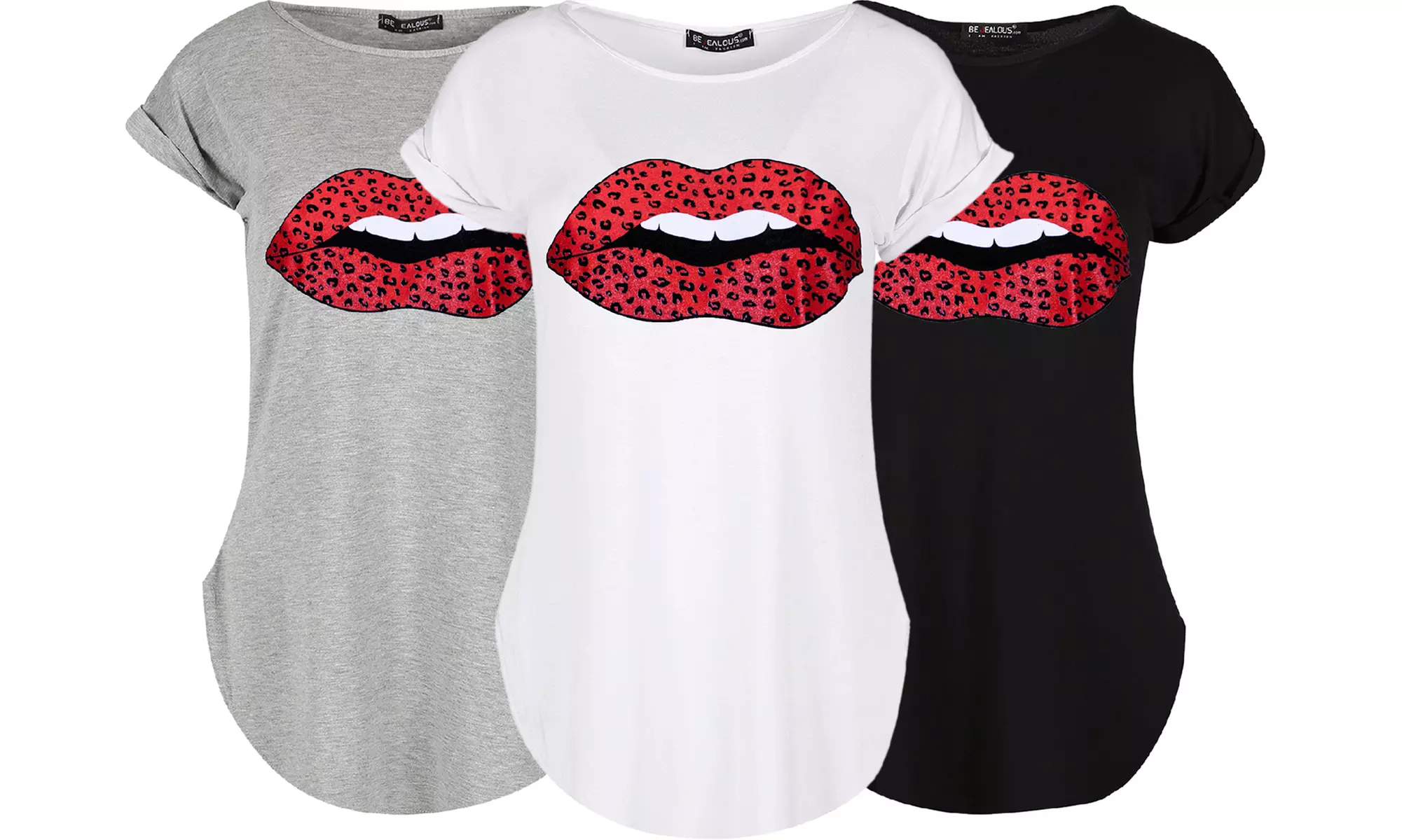 T-shirt à manches relevées et bas incurvé, avec imprimé lèvres à taches de léopard, plusieurs tailles au choix - Primary Image