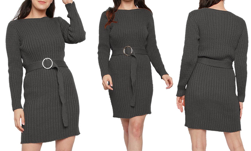 Image 3: Rib Knit Buckle Belt Jumper Dress