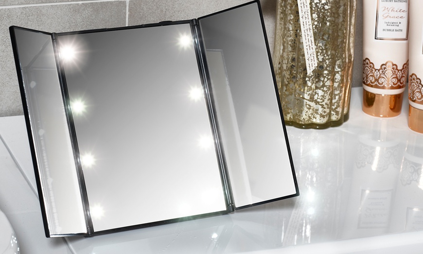 Image 1: Eight-LED Tri-Fold Mirror