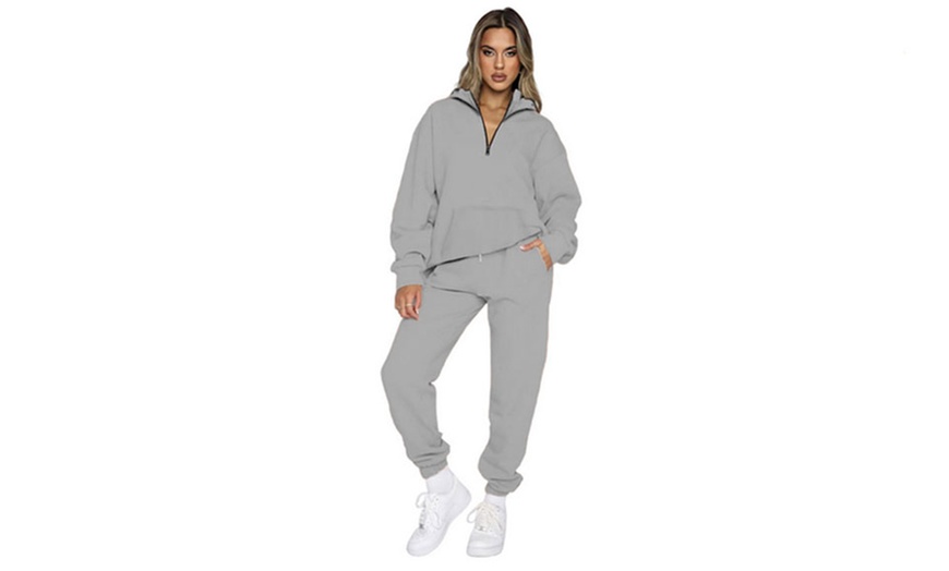 Image 8: Women Two-Piece Hooded Half Zip Sweatshirt Tracksuit Set