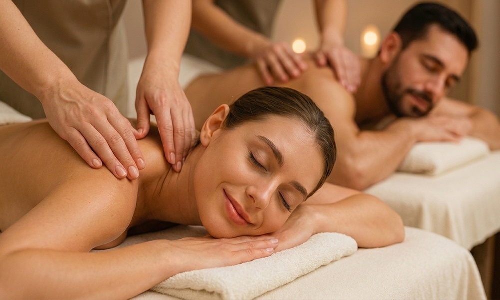 60-Minute Couples Deluxe Massage with Scalp Massage and Hot Stones