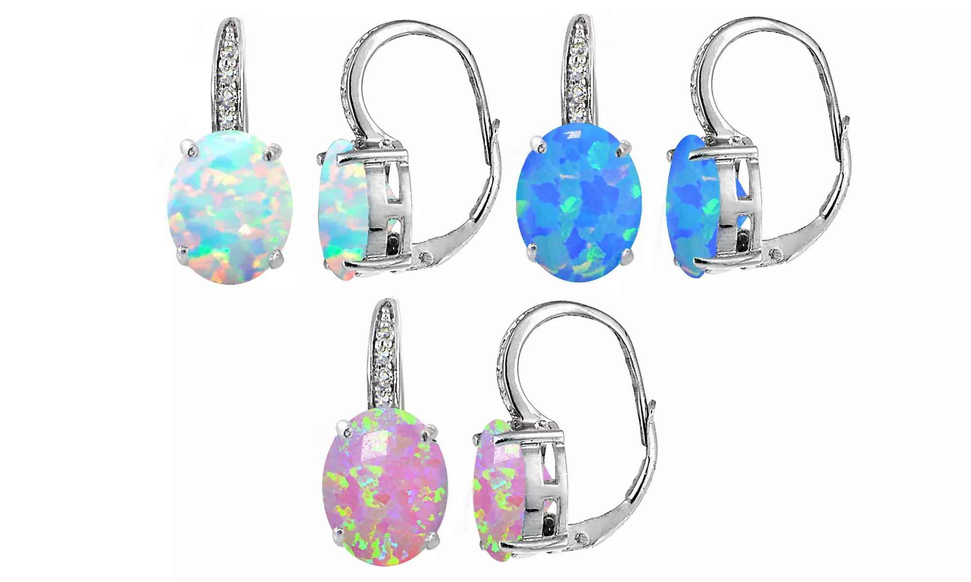 Opal and White Topaz Oval Leverback Earrings in Sterling Silver - Primary Image