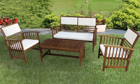 Salottino da esterno in legno di acacia con cuscini