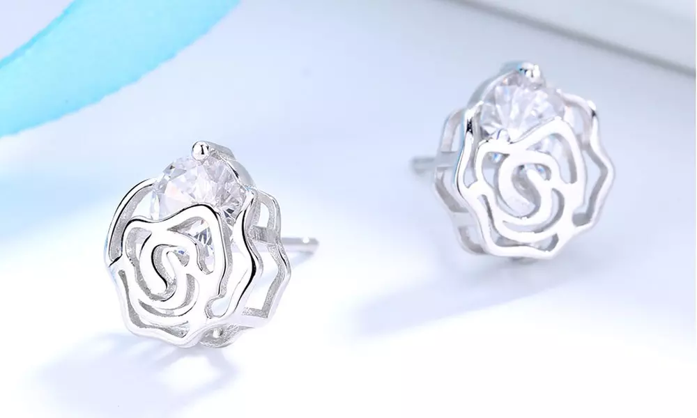 Sterling Silver Caged Rose Stud Earrings with Floating crystals from Swarovski