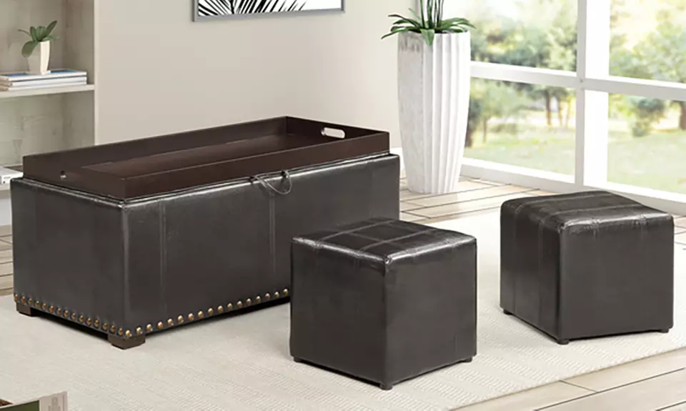 Faux Leather Storage Bench with 2 Matching Side Ottomans - Primary Image
