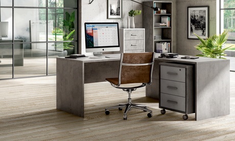 Scrivania, allunga scrivania ad angolo e mobile con 3 cassetti, disponibili in 2 finiture