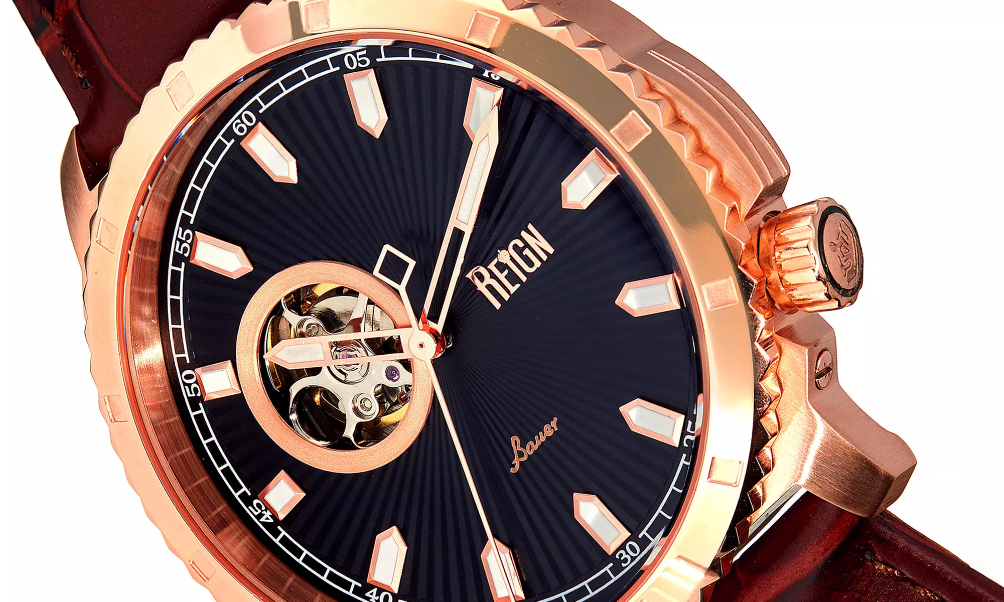 Reign Bauer Automatic Semi-Skeleton-Uhr mit Leder-Armband