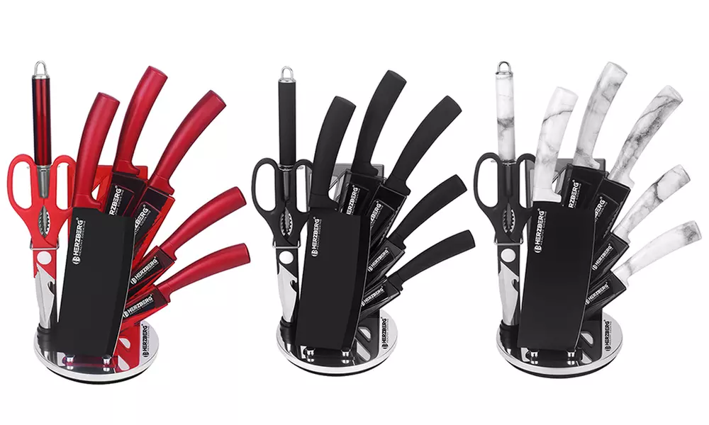 Ensemble 8 pièces avec couteaux, aiguiseur, ciseaux et support ; plusieurs modèles disponibles - Primary Image