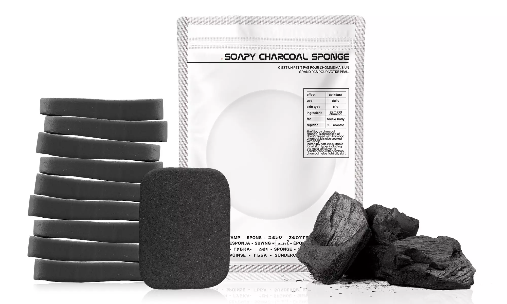 1, 3, 5 ou 10 éponges savonneuses  pour le visage au charbon actif - Primary Image
