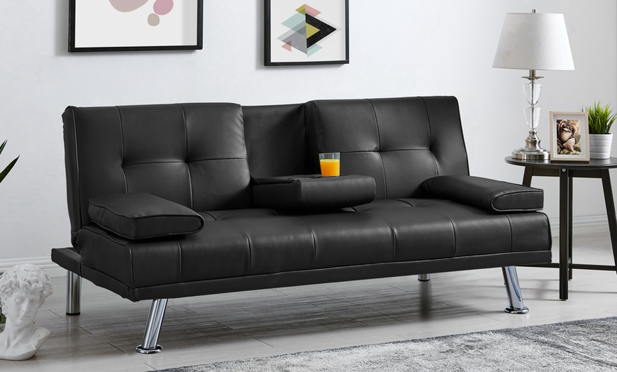 Image 8: Three Seater Sofa Bed with Cup Holders