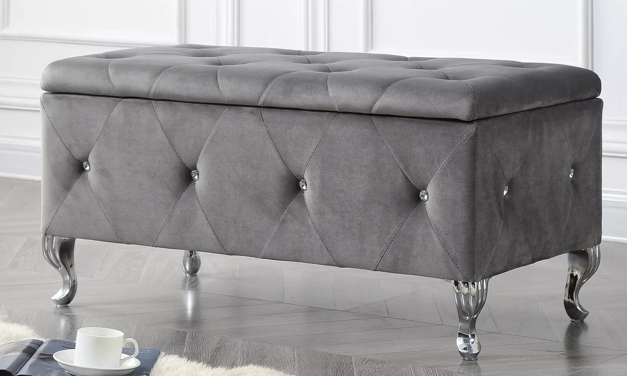 Elegant Crystal Tufted Storage Bench. Multiple Colors Available. - Primary Image