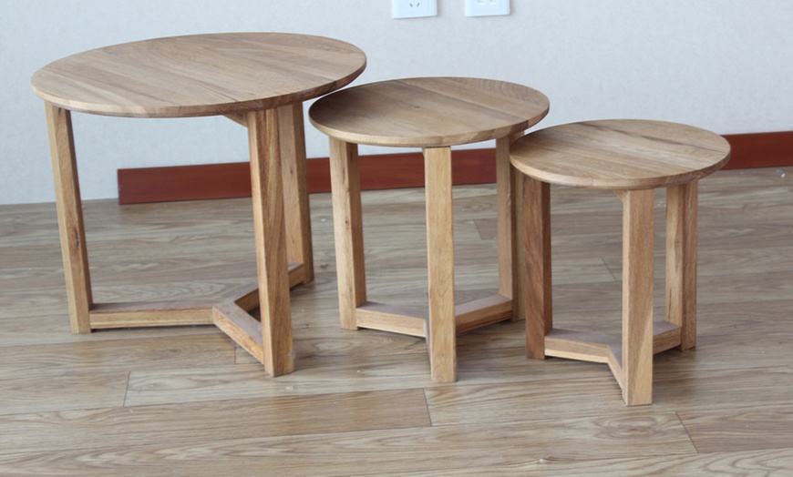 Image 2: Nest of Three Oak Round Tables