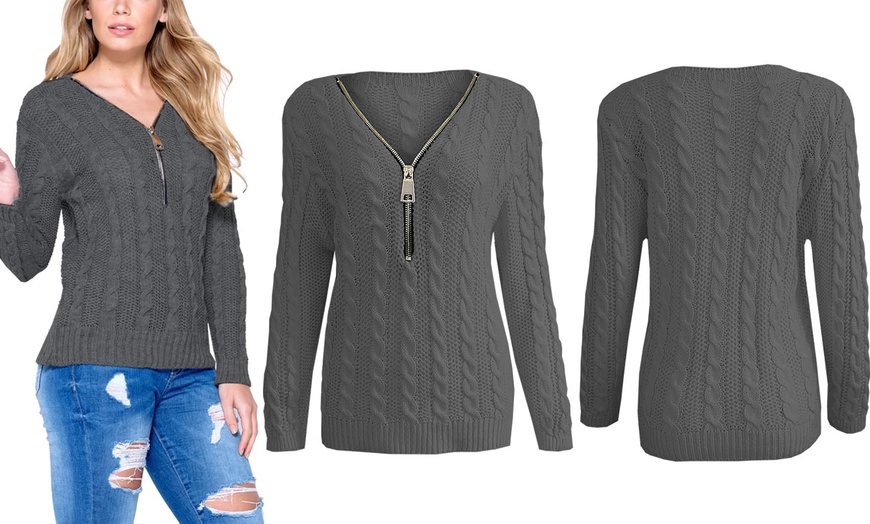 Image 3: Women's Zip Front Cable Knit Jumper