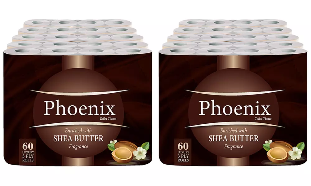 12, 24, 48, 60 or 120 Rolls Phoenix Three-Ply Shea Butter Toilet Paper