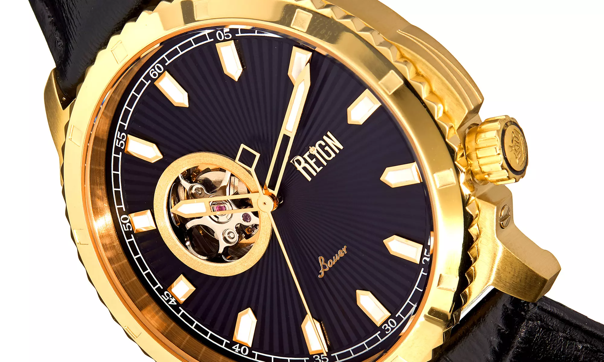 Reign Bauer Automatic Semi-Skeleton-Uhr mit Leder-Armband