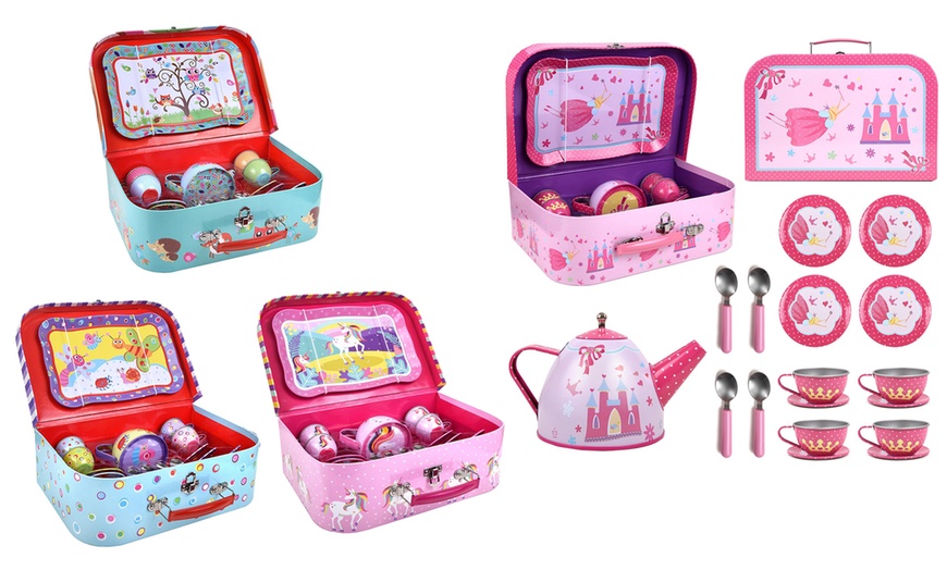 Image 1: 18-Piece Pretend Play Metal Tea Set with Carry Case