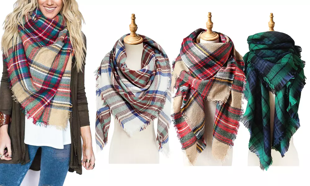 1x oder 2x karierter Oversize-Schal mit Fransen für Damen in Beige, Blau/Weiß oder Grün - Primary Image