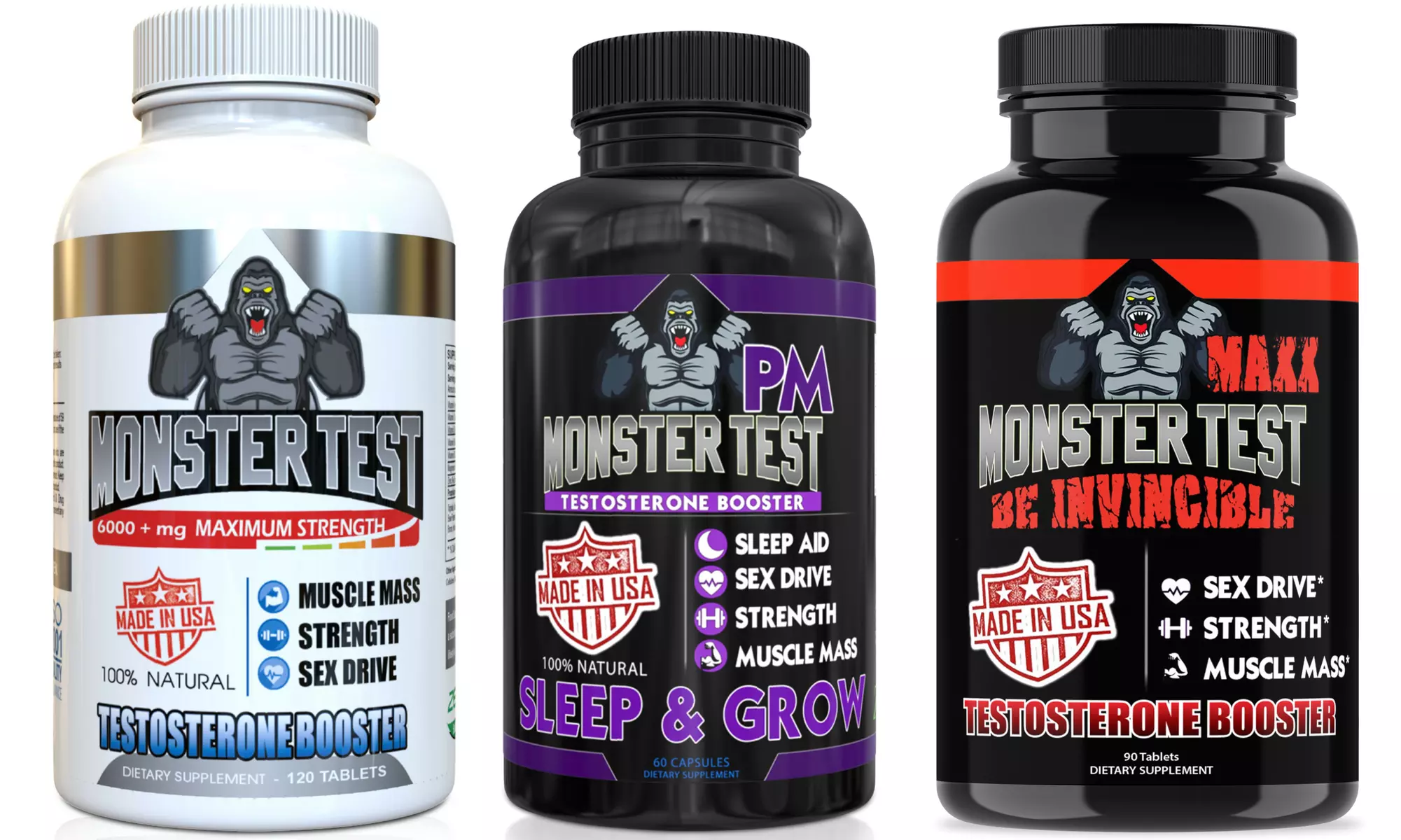 Monster Test AM (120-Count), Monster Test PM (60-Count), and Monster Test MAXX (30-Count) Dietary Supplement Set - Primary Image