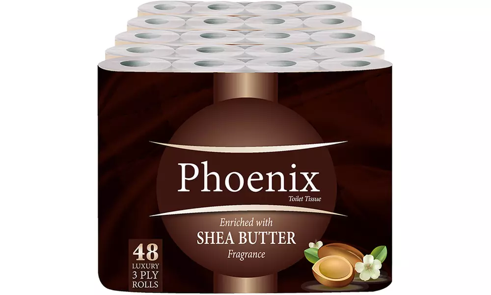 12, 24, 48, 60 or 120 Rolls Phoenix Three-Ply Shea Butter Toilet Paper