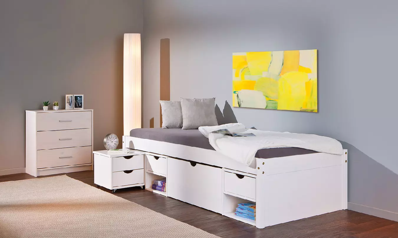 Letto Zeus Evergreen House, con contenitore e comodino estraibile, in pino massello verniciato ad acqua - Primary Image