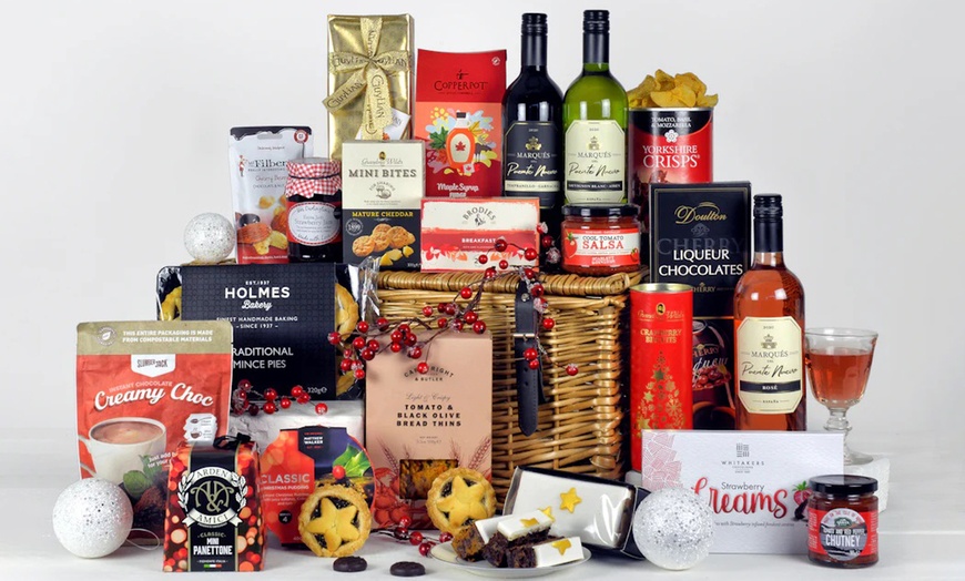 Image 1: Taste of Christmas Deluxe Gift Hamper; inc. 3 Bottles of Wine & Treats