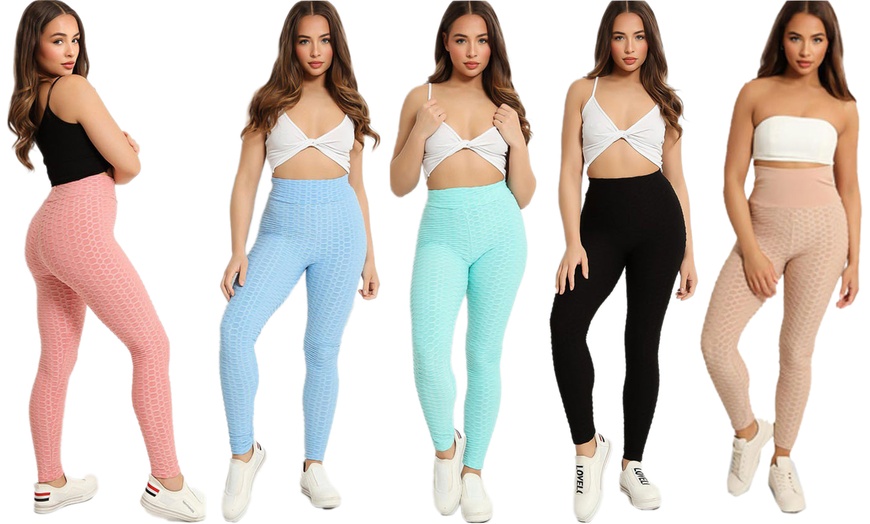 Image 1: Womens' High Waist Honeycomb Textured Leggings