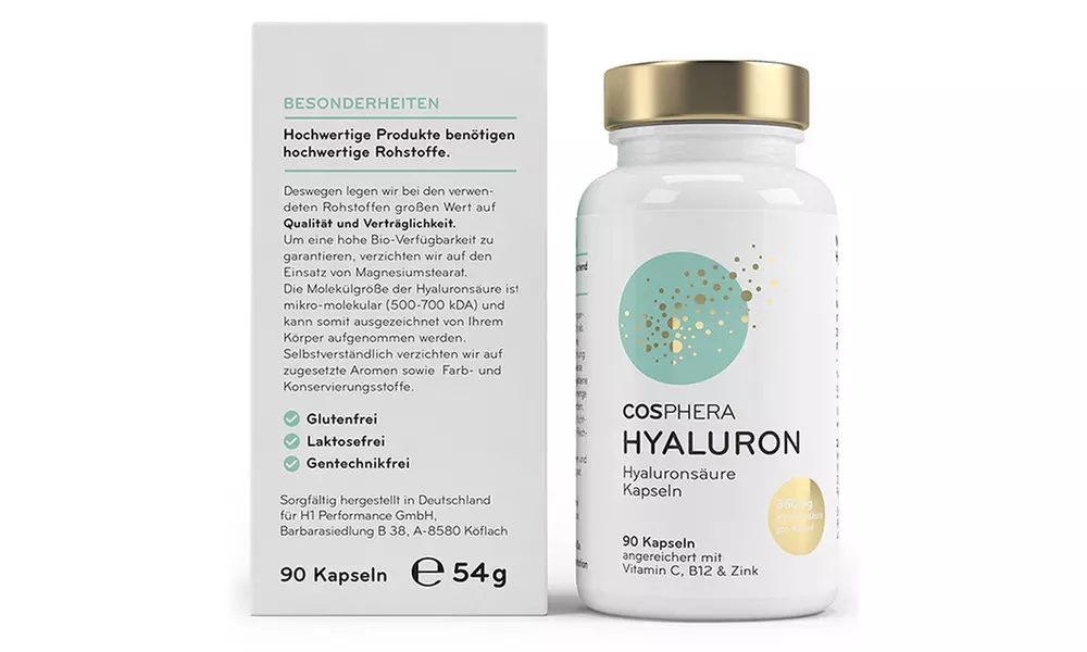 3-, 6- oder 12-monatige Kur Cosphera Hyaluronsäure-Kapseln 350 mg für Haut, Anti-Aging und Gelenke - Primary Image