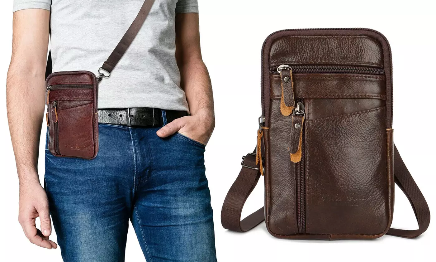 Mens Leather Phone Pouch Belt Bag Crossbody Waist Pack