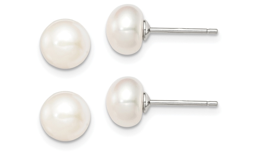 Image 2: White Gold Plated 10-11mm White Freshwater Cultured Round Pearl Stud Earrings