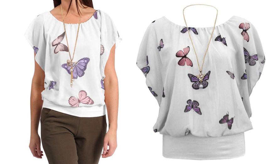 Image 5: Women's Coloured Butterfly Print Ruffle Chiffon Top with Necklace