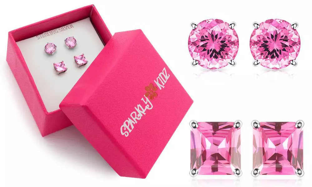 Sterling Silver Pink Round and Princess Cut Stud Duo Earring Set By SparklyKidz