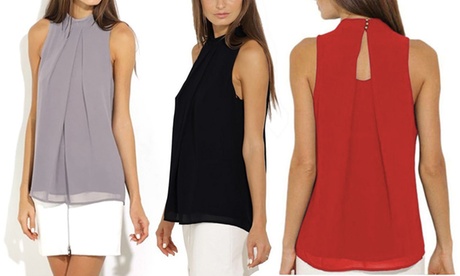 Blusa da donna in chiffon senza maniche, disponibile in vari colori e 3 taglie