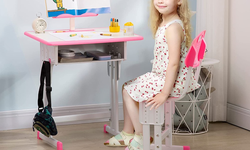 Image 1: HomCom Kids' Height-Adjustable Table and Chair Set