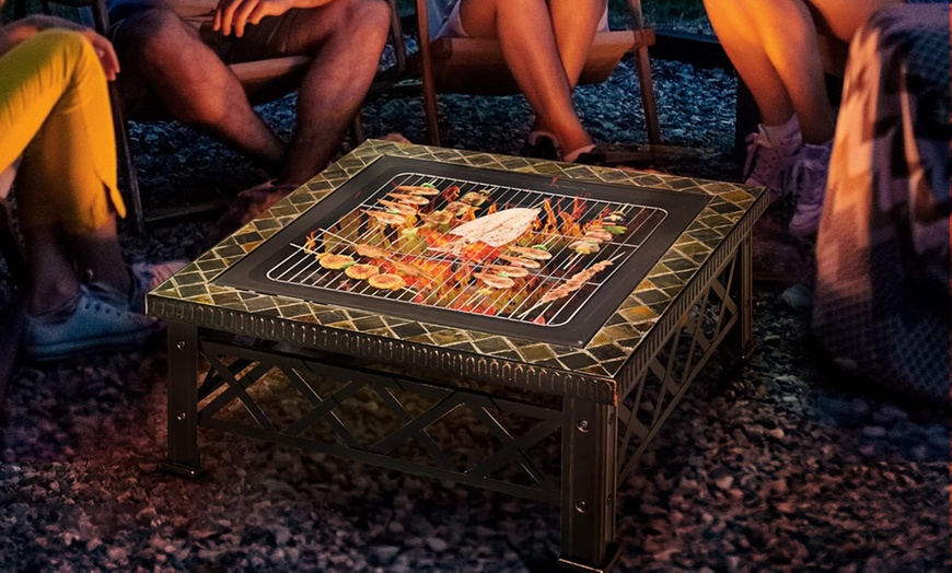 Image 2: Outsunny Square-Shaped Fire Pit Table with Optional Grill Shelf