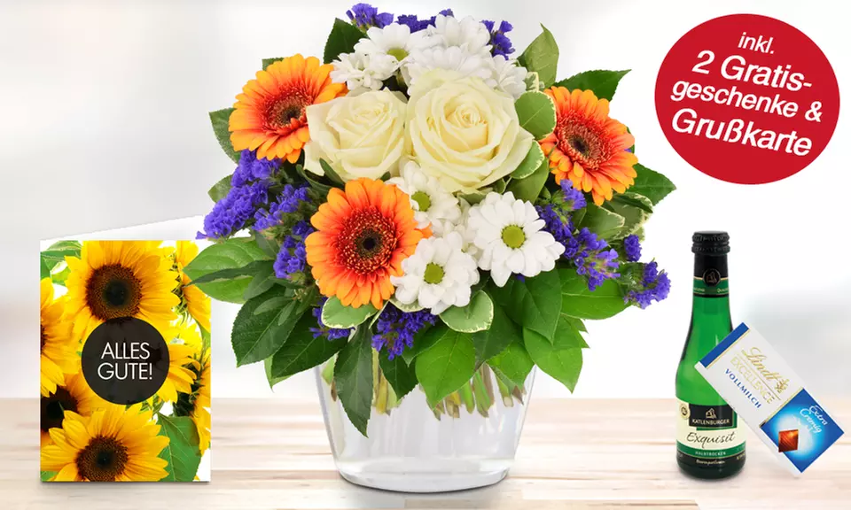 Blumenstrauß oder Blumen-Gesteck mit Schokolade, Piccolo und Grußkarte