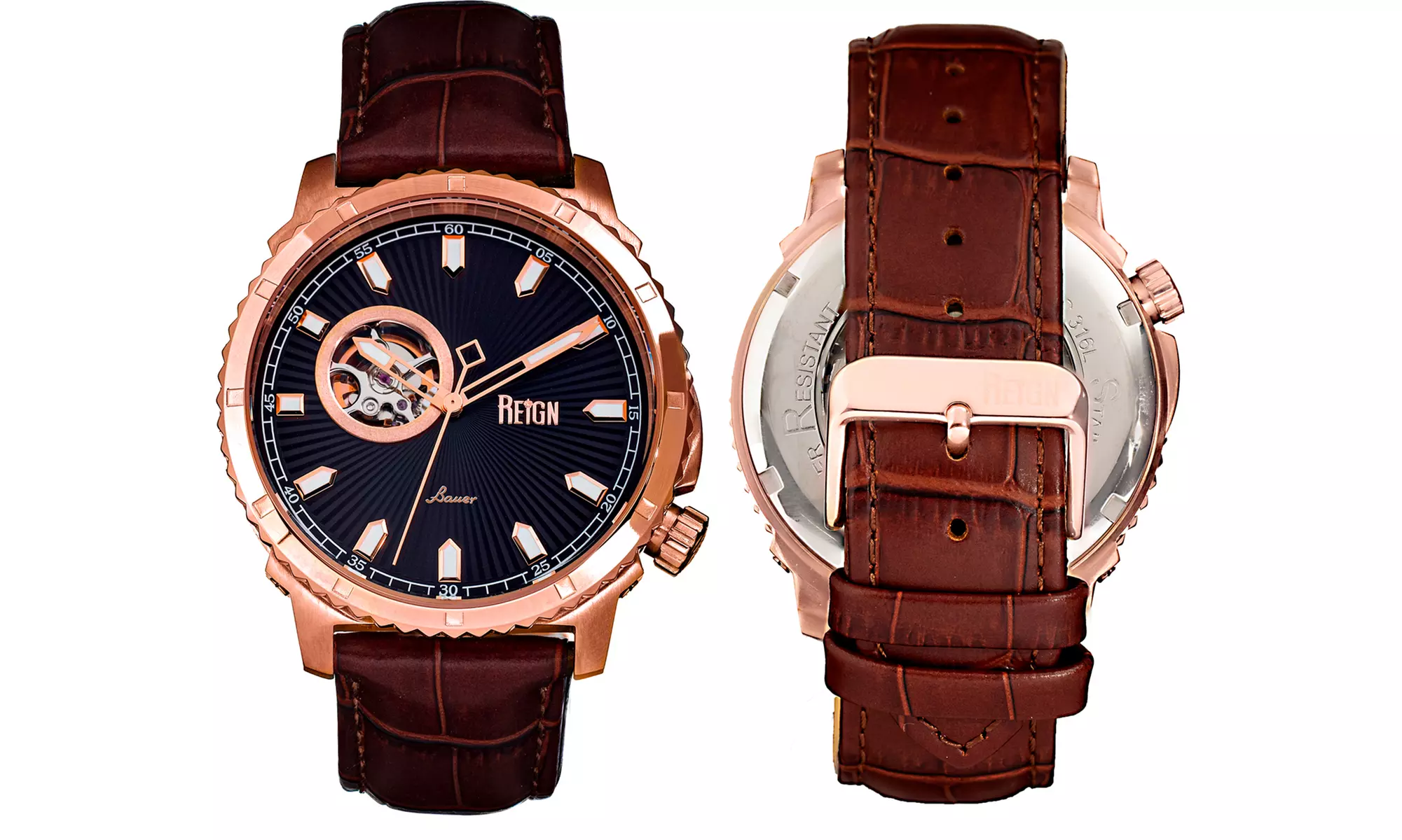 Reign Bauer Automatic Semi-Skeleton-Uhr mit Leder-Armband