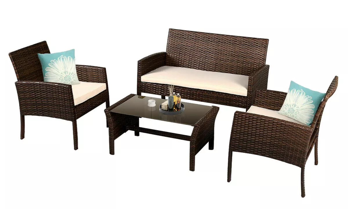 Costway Wicker Rattan Patio Furniture Coffee Table & Sofa Set (4-Piece) - Second Medium