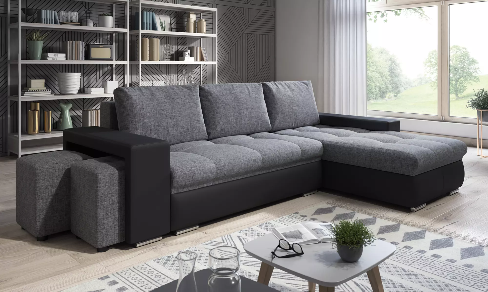 Canapé angle convertible et ses poufs