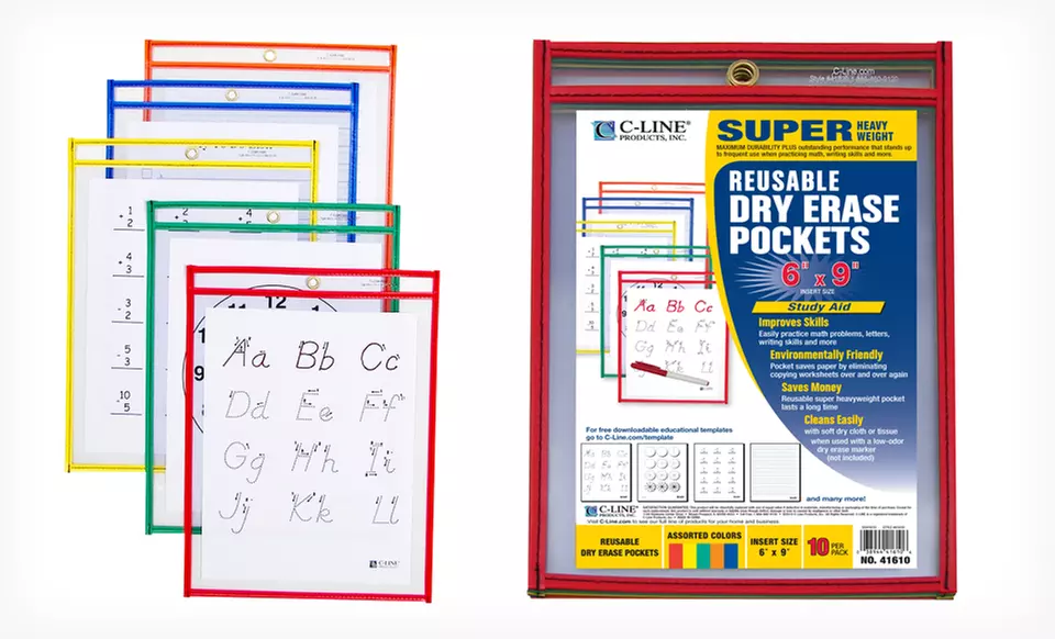 Set of 10 Small or Large C-Line Reusable Dry Erase Worksheet pouches. (53% off) Free Returns - Second Medium