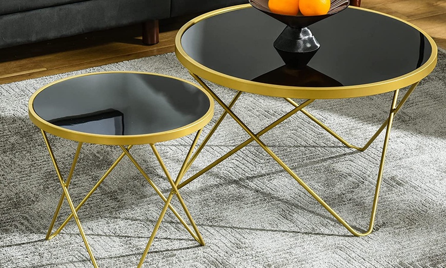 Image 5: HomCom Round Coffee Table with Gold Accent